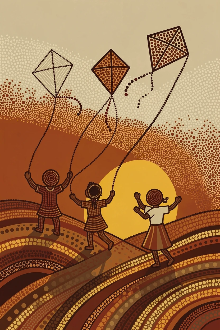 Children flying kites on a windy hillside at sunset