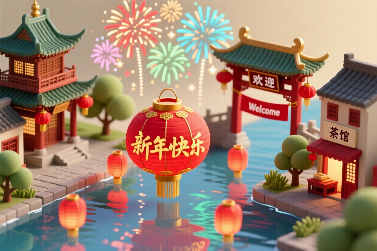 A Chinese New Year fireworks display over a river, red lanterns floating on the water reflecting the colorful bursts above.