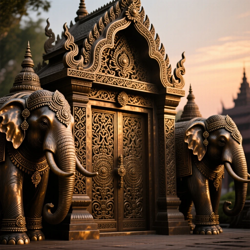 An ornate temple gateway flanked by carved elephants, glowing softly in the light of dusk, exuding timeless grandeur