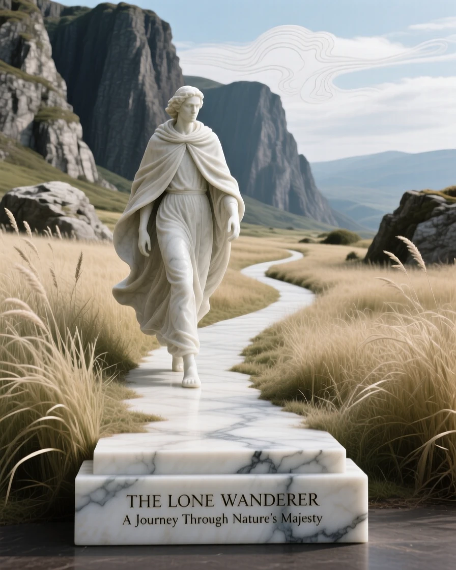 A beautifully composed image of a lone wanderer walking a path through tall grass, framed by dramatic natural scenery, full of atmosphere and visual storytelling