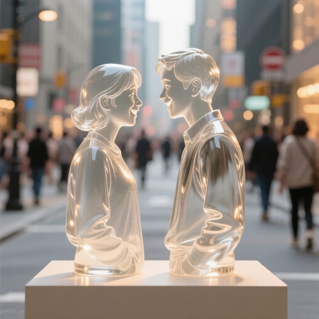 With warm light glowing softly in the background, two strangers sharing a kind smile on a busy street, while the moment seems to stretch on peacefully