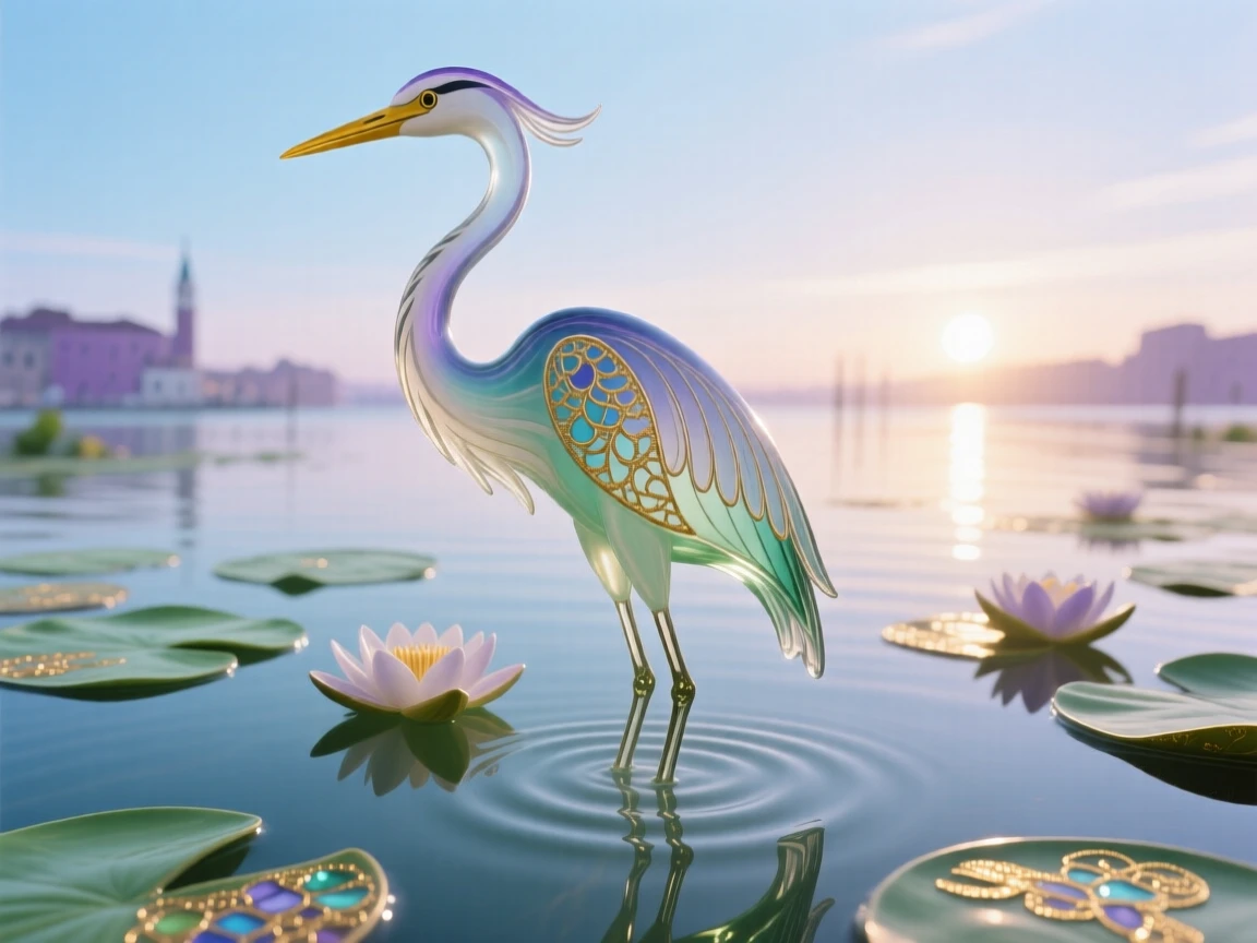 A lone heron standing motionless in a lily pond at first light, tranquil and poised.