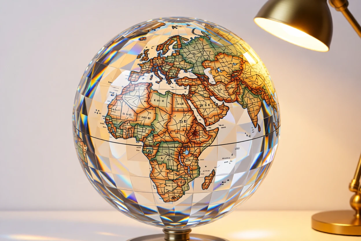 An antique globe with detailed cartography illuminated by warm desk lamp light.