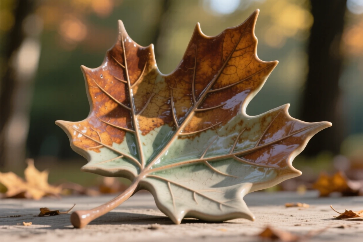 A maple leaf caught mid-fall arranged as if freshly gathered, bathed in soft, dappled morning light, stirring feelings of peace and gentle growth.