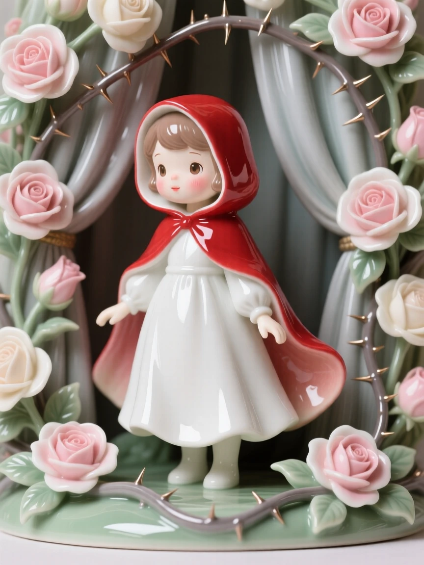 A storybook depiction of Little Red Riding Hood surrounded by a curtain of roses and thorns, rendered with warm, nostalgic charm.
