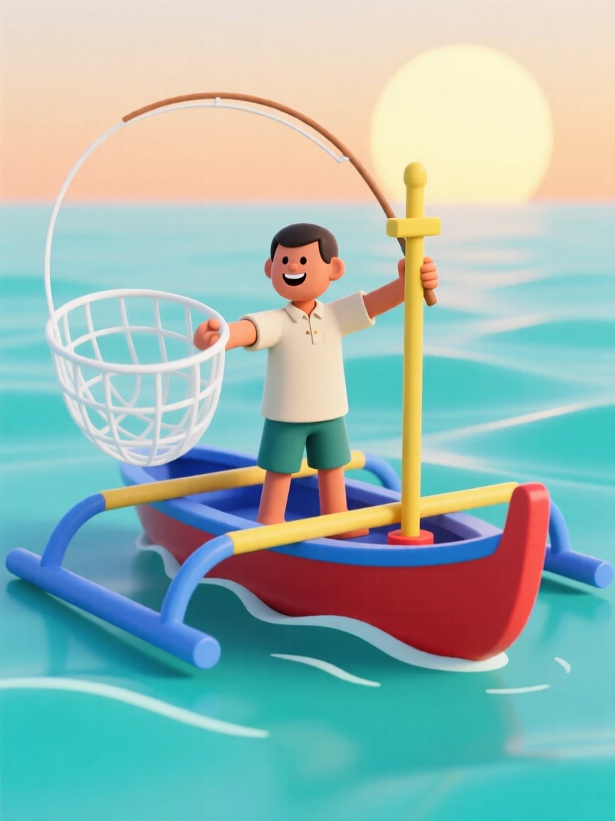 A cheerful Filipino fisherman casts a net from a colorful outrigger boat at sunrise on calm turquoise water.