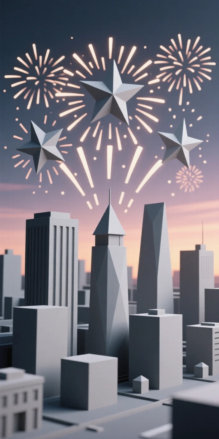 A vibrant fireworks display bursting over a city skyline, as the last light of evening fades. soft light and gentle shadows add depth to the scene. A gentle sense of togetherness fills the scene.