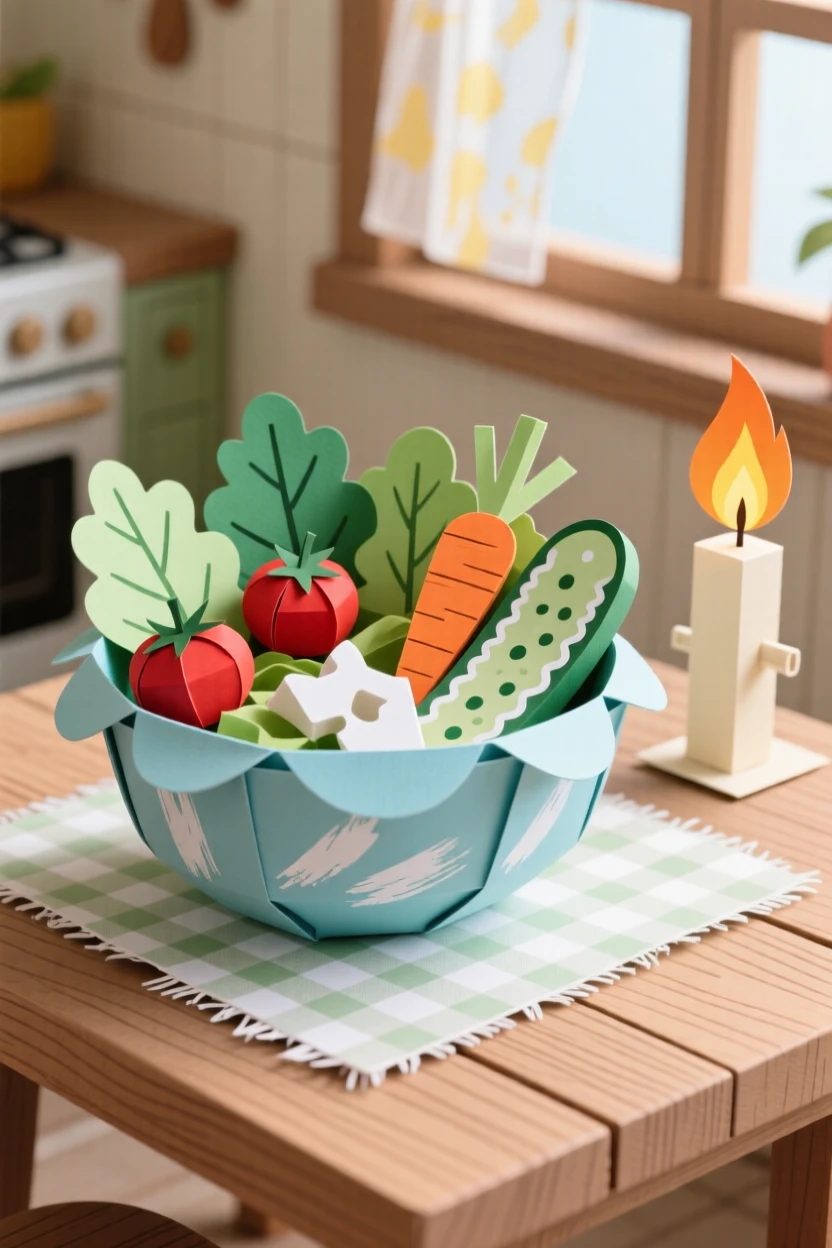 A vibrant bowl of fresh salad plated in a cozy candlelit kitchen, with morning light catching every texture, evoking cozy, homemade charm.