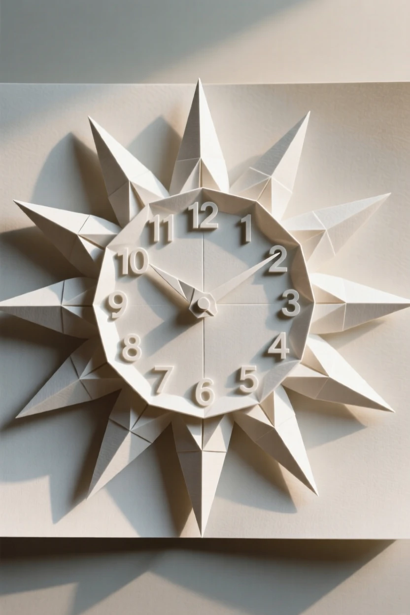 A decorative sunburst clock design with elegant numerals and radiating rays.