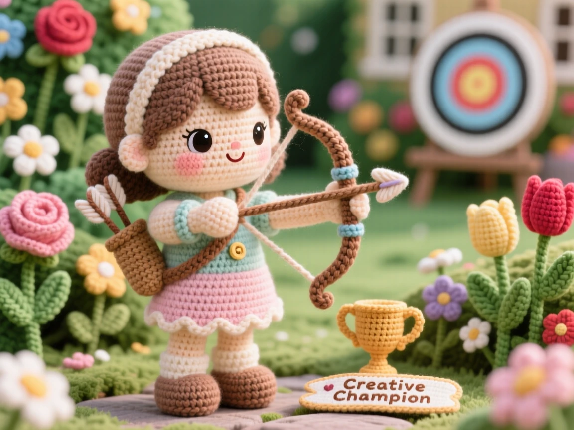 a little girl practicing archery, with a small bow and quiver, is captured aiming carefully at a distant target in a home garden bursting with blooms beside a small trophy or ribbon nearby, showing patient concentration and creative satisfaction.