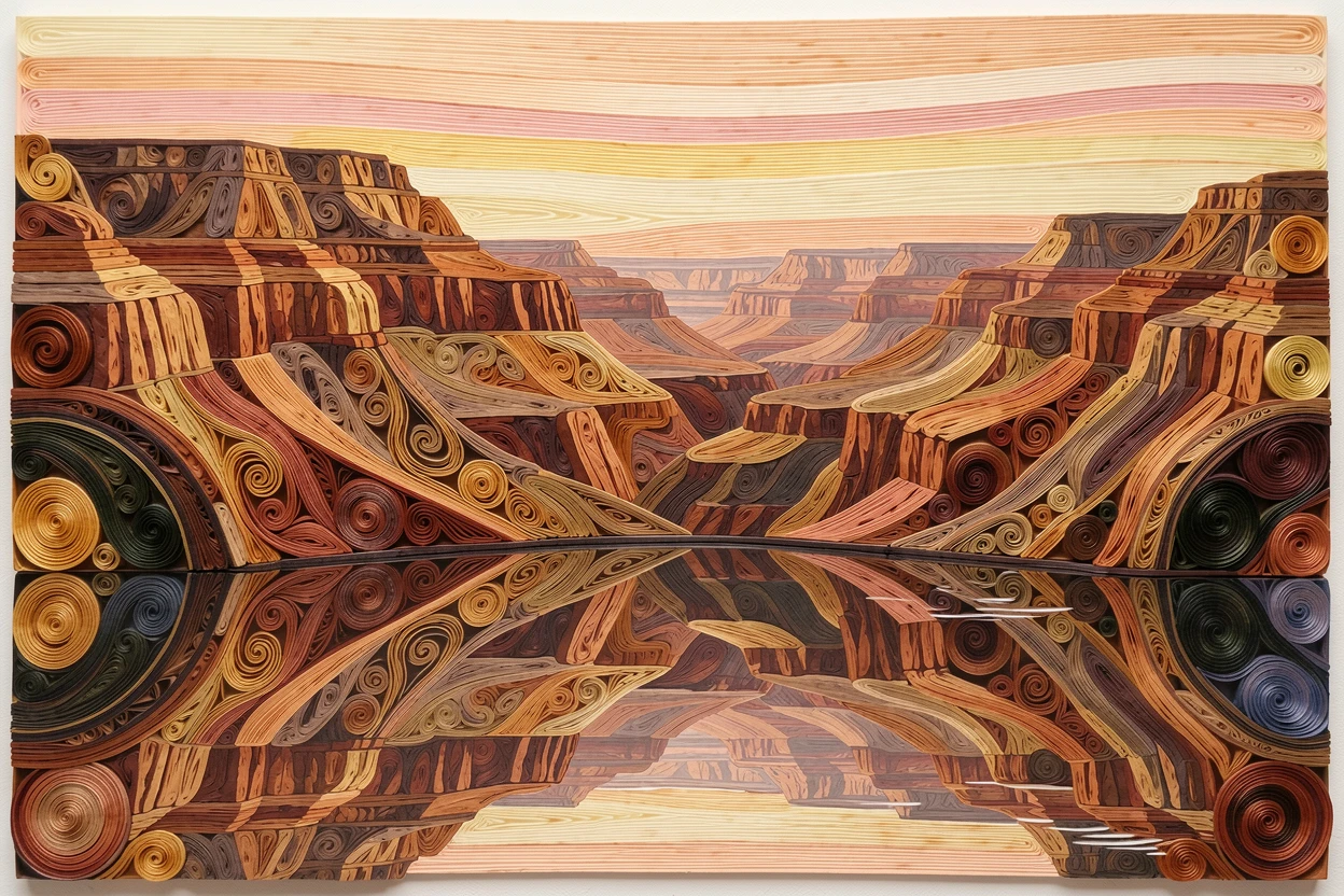 A breathtaking view of the Grand Canyon layered in warm desert hues beneath a sky painted in soft sunset gradients, in warm golden and rose-colored sunset tones, shown reflected symmetrically in calm water below.