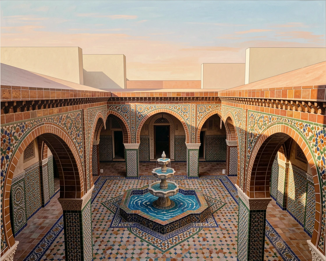 A traditional moroccan riad courtyard with intricate archways, viewed from a dramatic elevated vantage point.