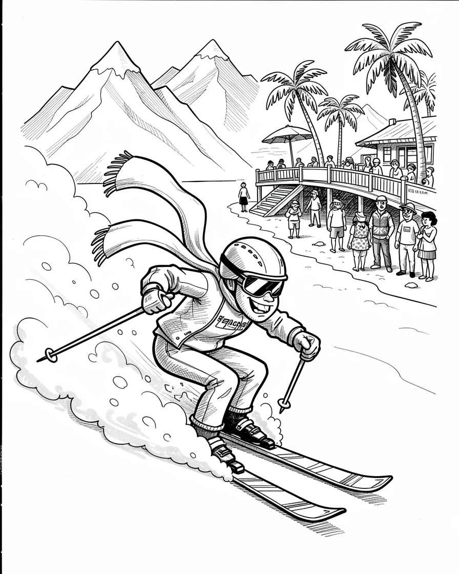 A skier carving through fresh powder snow beside a lively beachside boardwalk.