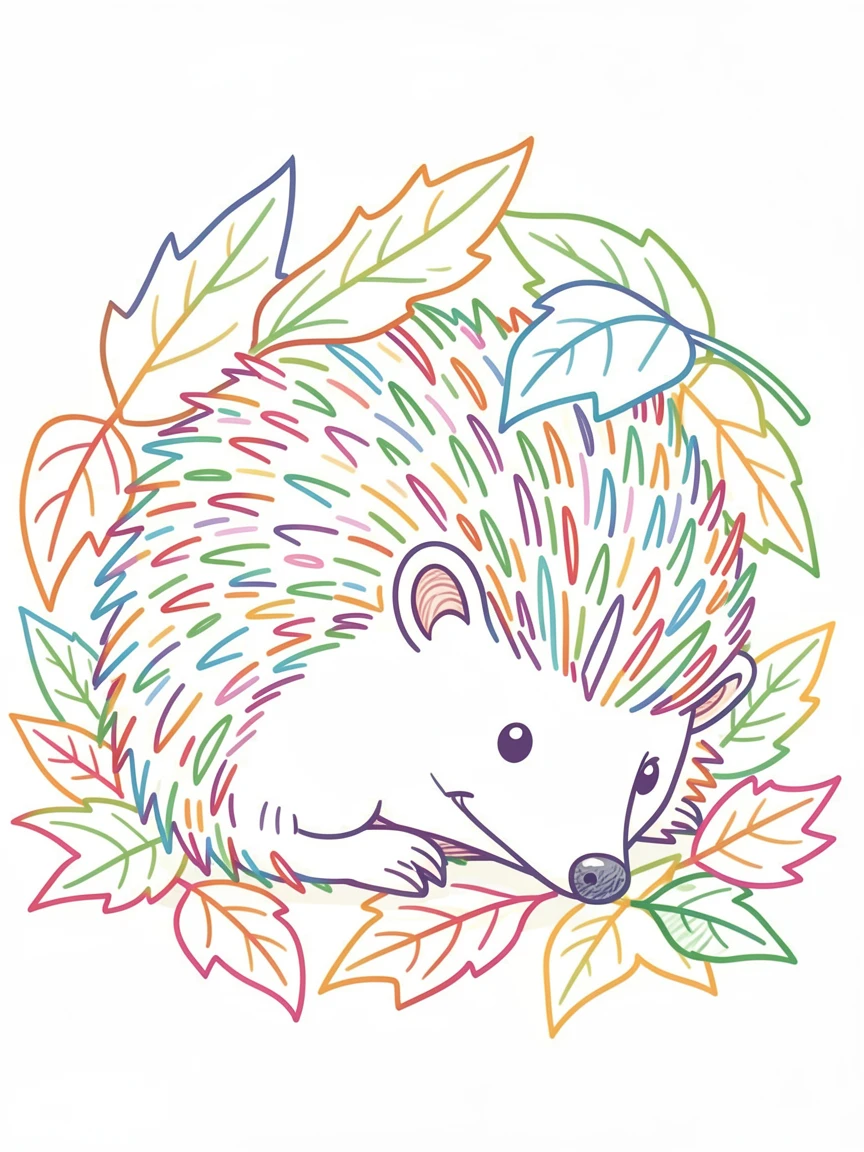 A close-up of a hedgehog curled protectively beneath fallen leaves.