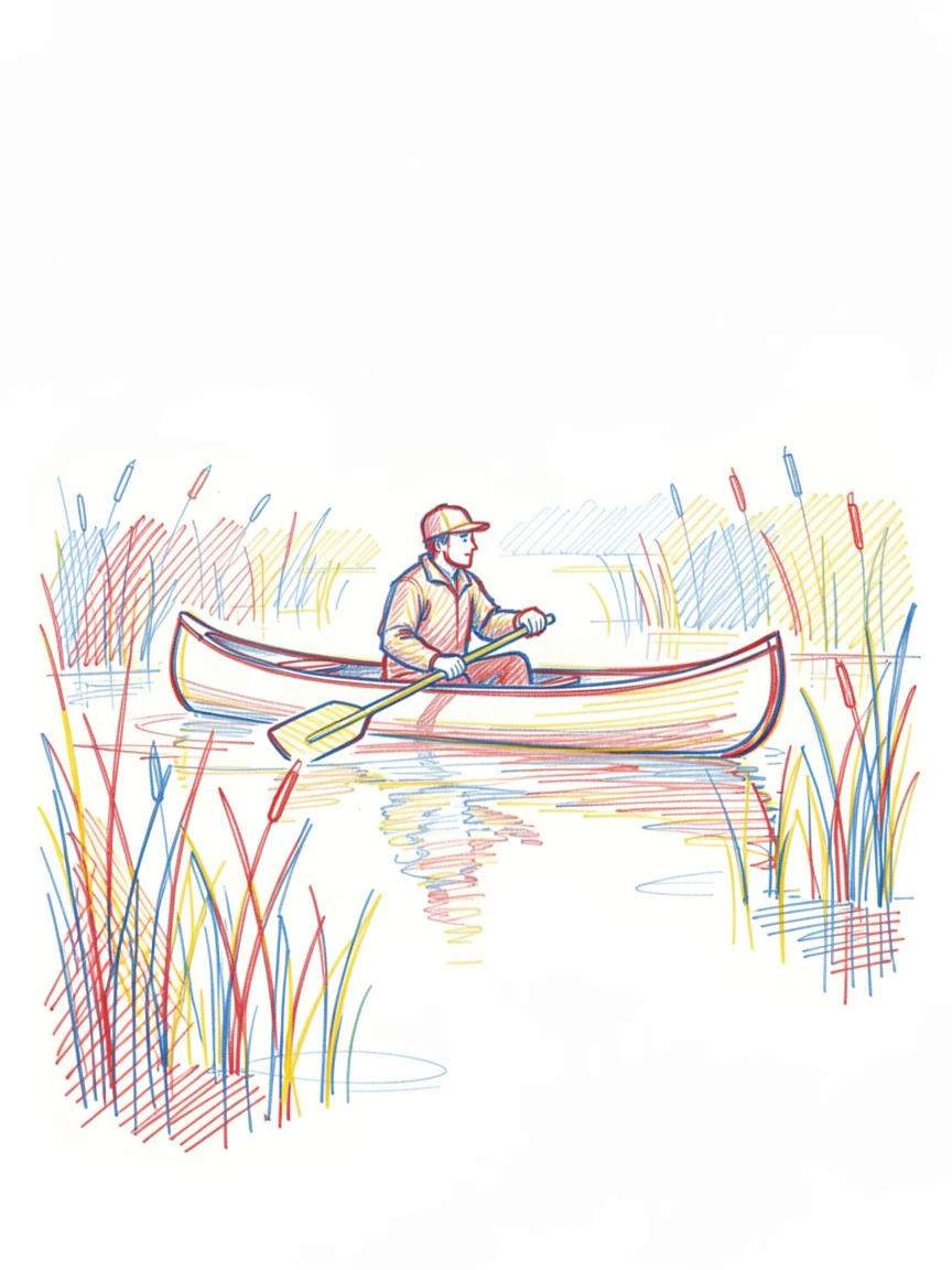 A canoeist paddling silently through a misty morning marsh