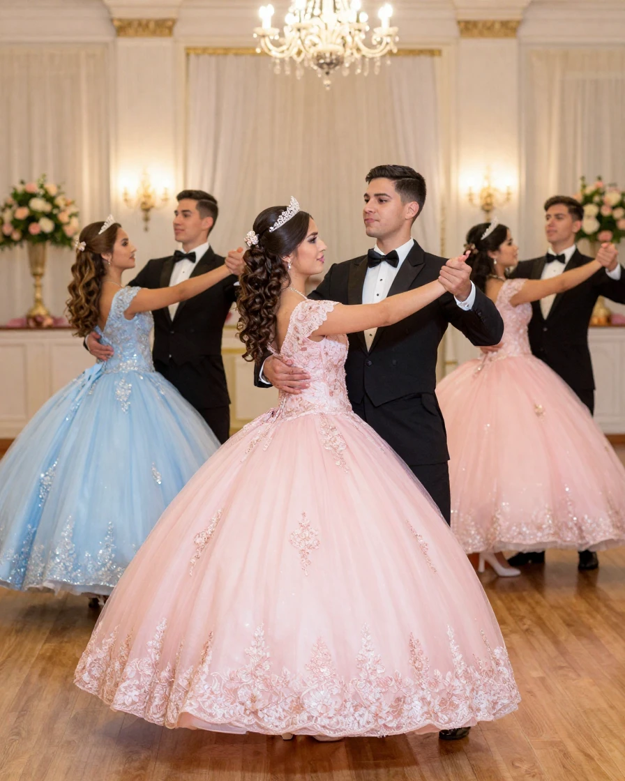 A quinceañera court dancing in matching gowns