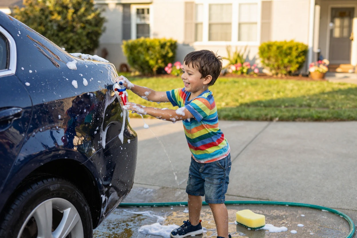 A little boy 'helps' wash the family car, more soap on himself than the vehicle.
