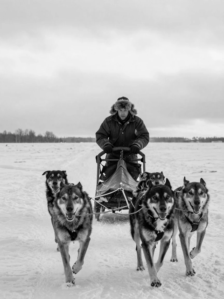 A dog sled team races across a frozen expanse across a vast snowy plain.