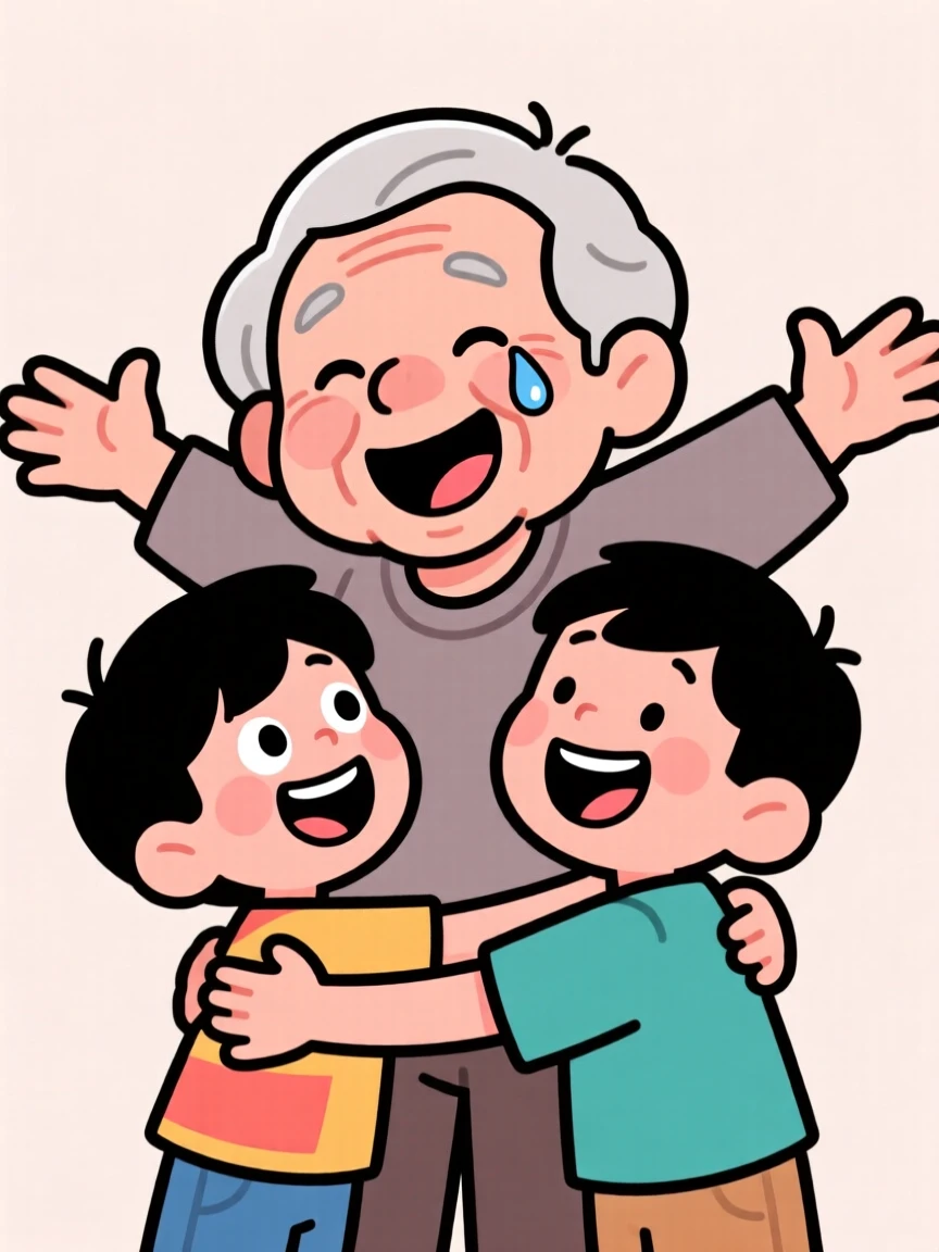 A heartwarming moment depicting a proud grandparent reuniting after years apart, with a single joyful tear rolling down a cheek.