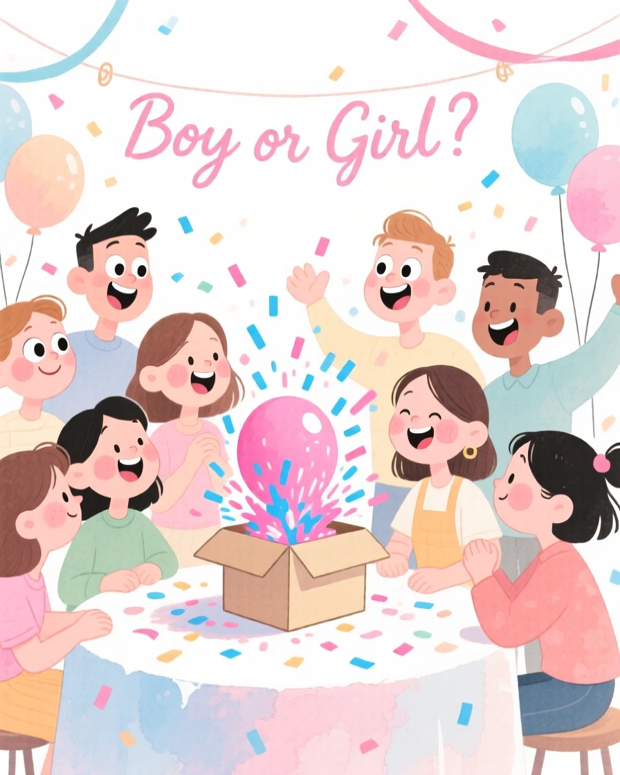 A joyful celebration scene of a gender reveal party with a burst of pink or blue confetti, bursting with color and joy