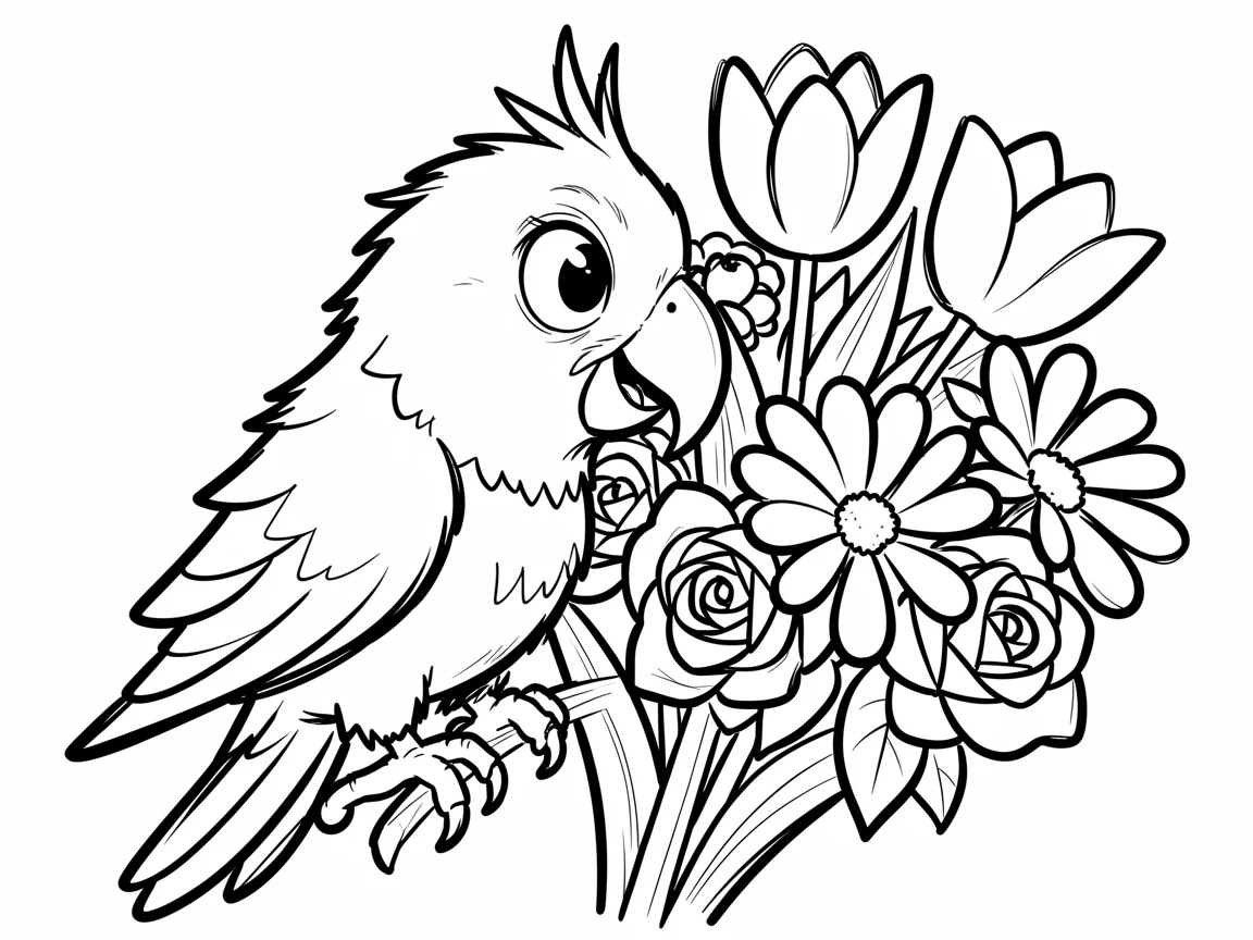 [Cute Animals & Pets] Adorable scene of a spirited parrot sniffing a bouquet of flowers, bursting with charm and playful energy