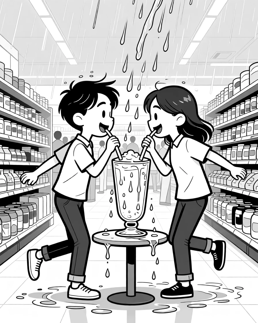A couple sharing one milkshake with two straws, twirling each other under the pouring rain, set in a bright, busy supermarket aisle. The milkshake glass sweats condensation onto the table. There's a tender sweetness beneath all the silliness.