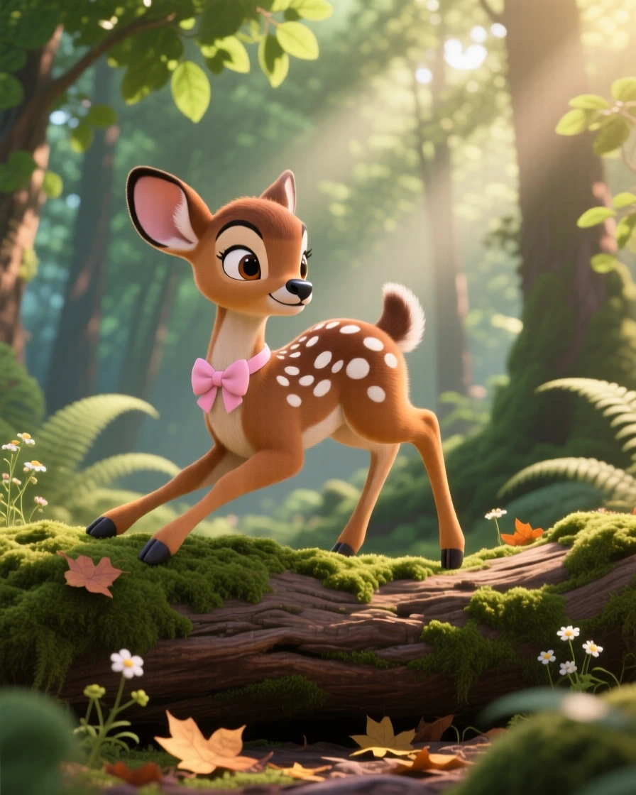 A spotted fawn is perched on a mossy log in a quiet forest, stretching after a long nap. The mood is soft, tender, and endearing, with a tiny bow tied around its neck.