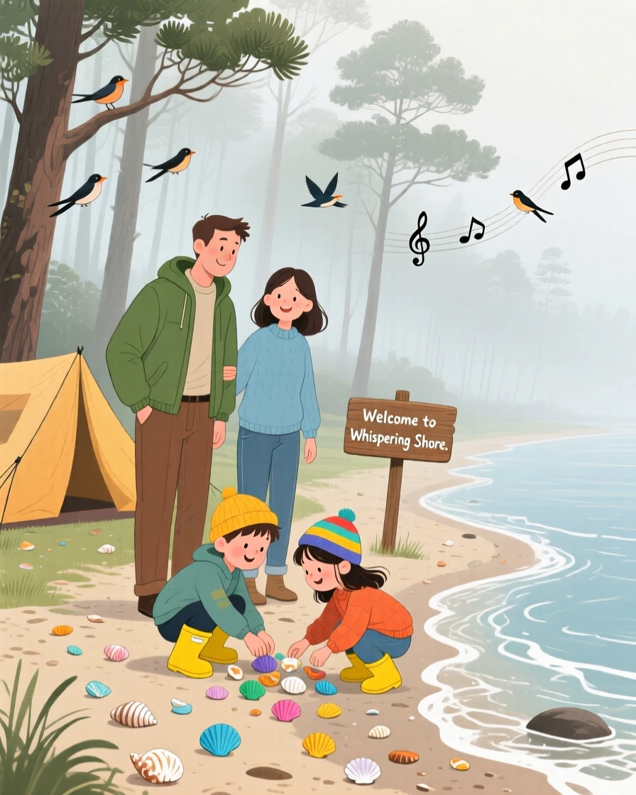 In a foggy morning woodland, a family of campers is searching for shells along a quiet shoreline, with birdsong echoing through the trees.