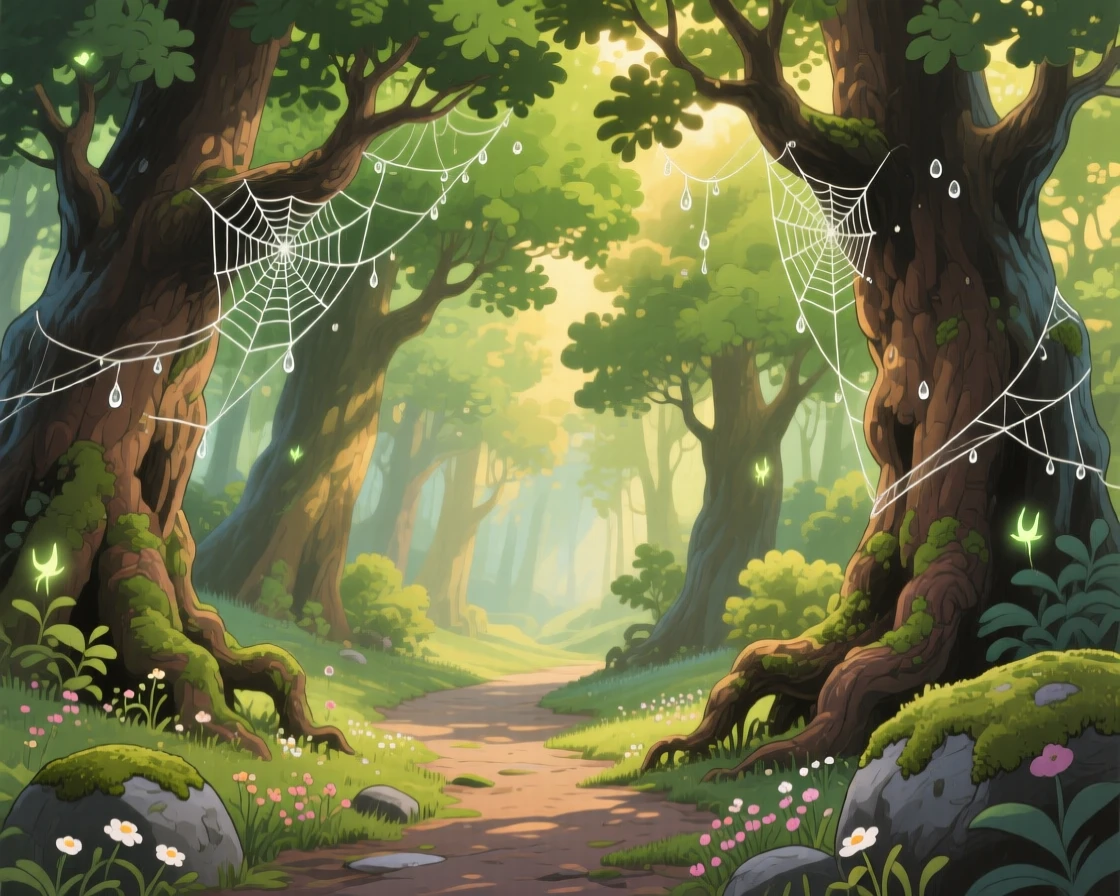 A forest path lined with towering ancient trees, dew clinging to spiderwebs strung between branches, creating a scene of quiet natural magic.