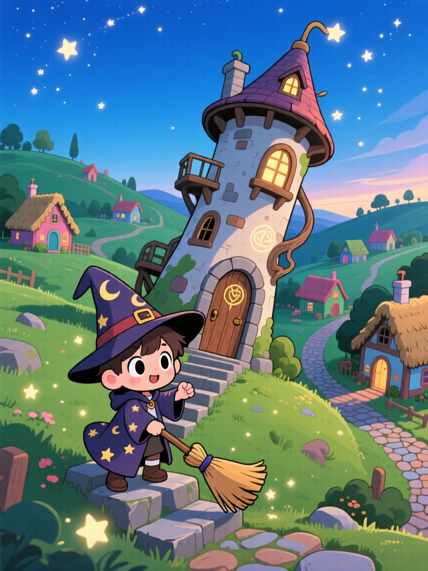 A small wizard's apprentice sweeping the steps of a crooked tower in a mystical hillside village under a clear summer sky; sparkling starlight washes over the scene as eager anticipation fills the moment. High aerial view.