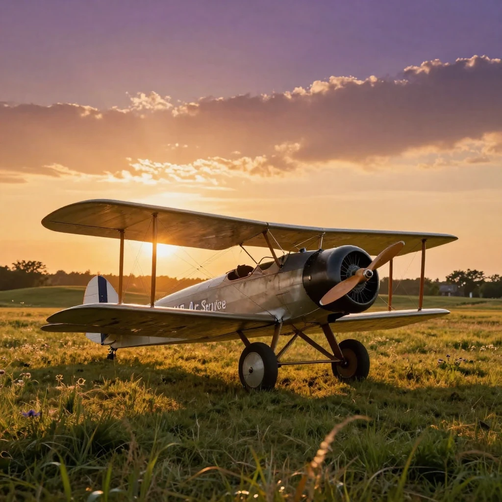 A vintage biplane parked on a grassy airfield beneath a golden sunset