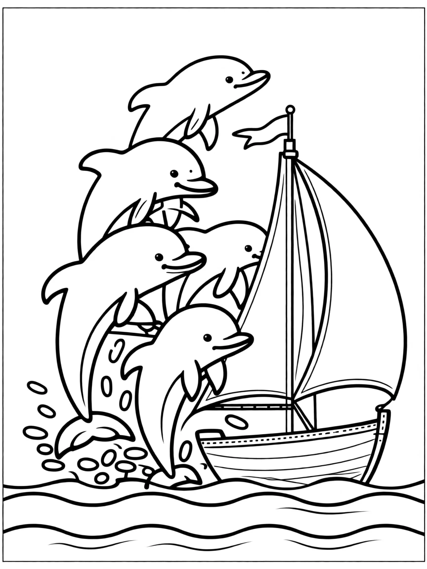 A pod of dolphins playing together near a sailing boat