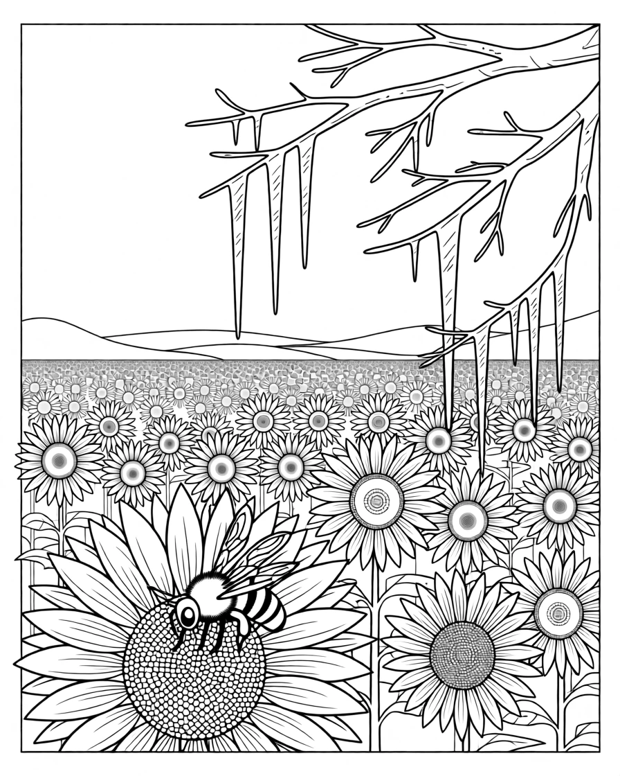 A bee gathering pollen from a sunflower field, with icicles hanging from nearby branches.
