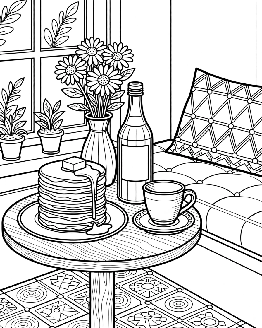 A cozy breakfast nook with pancakes, syrup, and a vase of daisies.