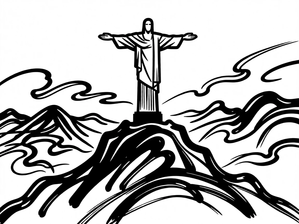 Christ the Redeemer overlooking Rio de Janeiro from atop a misty mountain.