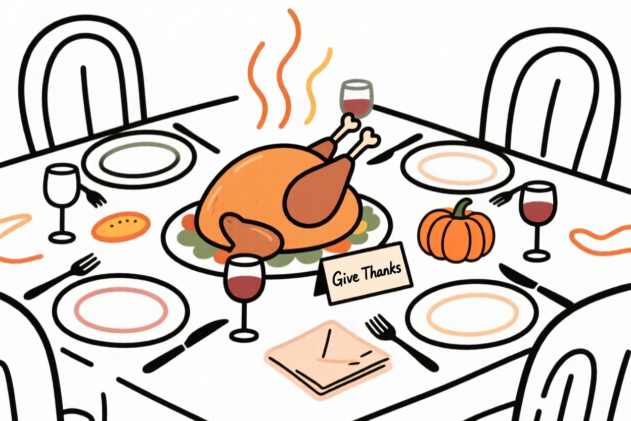 A table set for Thanksgiving dinner with a roasted turkey centerpiece.