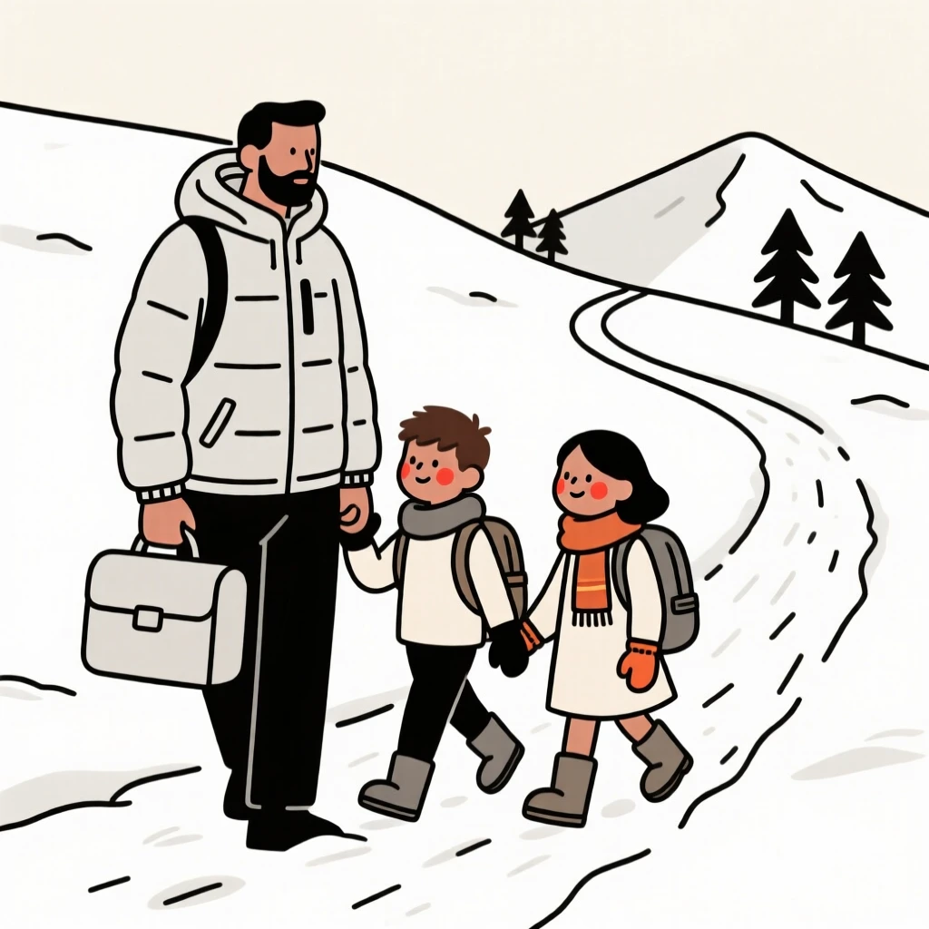 A father and his children of Egyptian heritage preparing for a first day of school, on a snowy mountain trail.