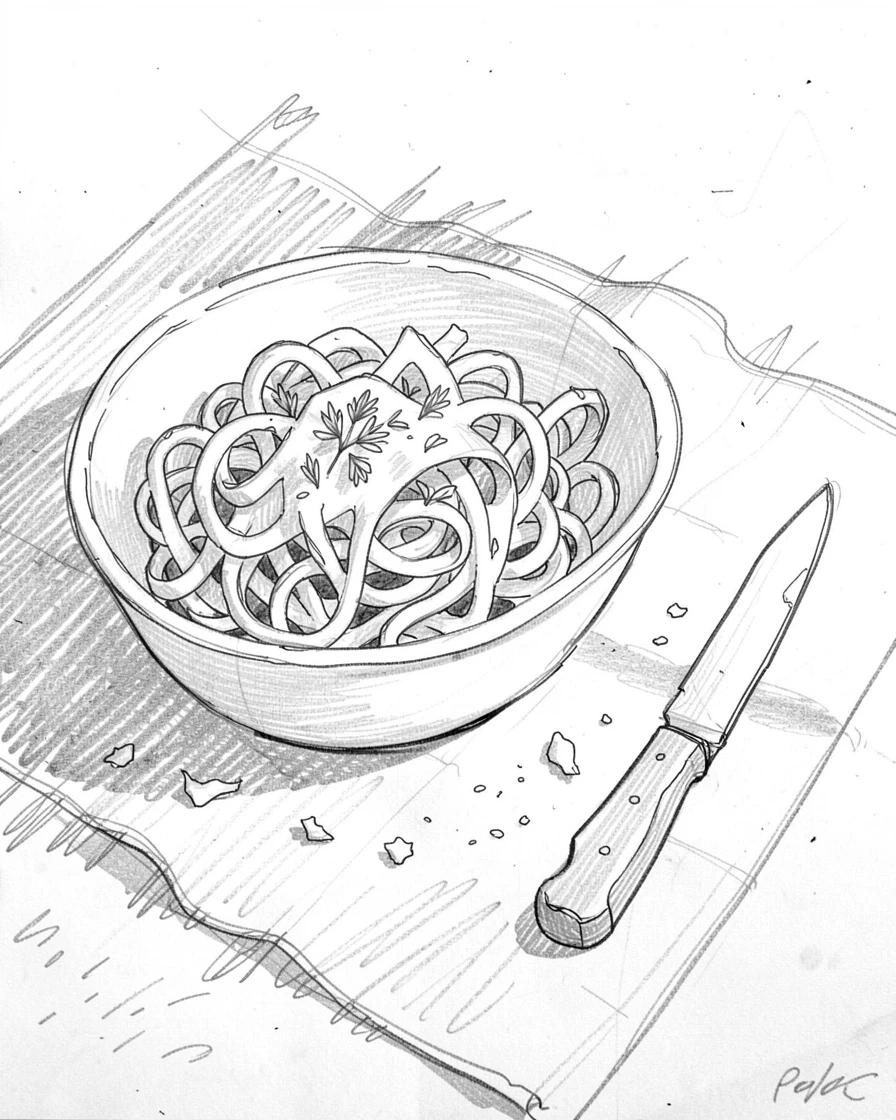 An appetizing still life of a bowl of fresh pasta tossed with herbs on a weathered picnic blanket, with crumbs and a knife resting beside it.