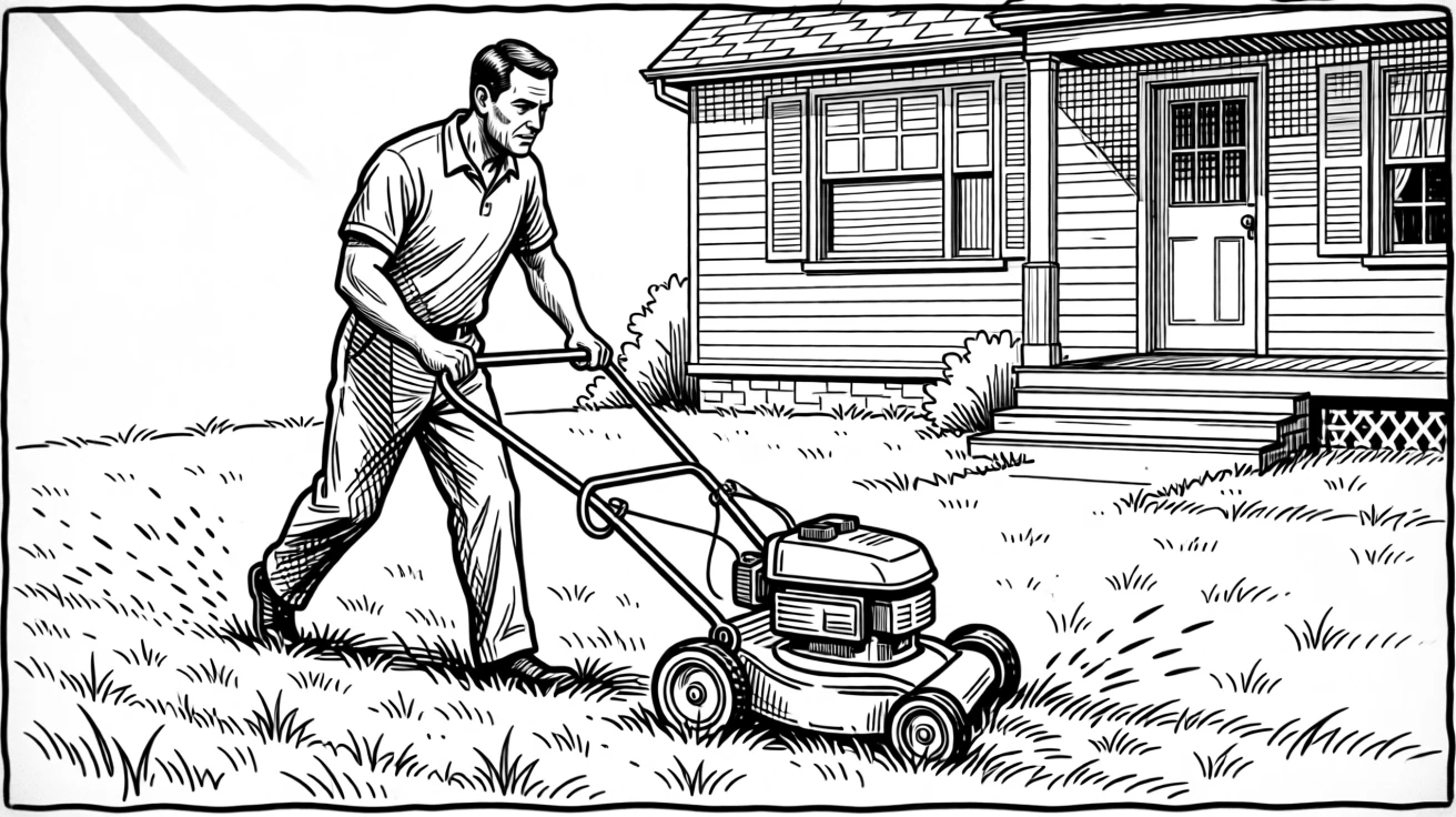 A man mowing his front lawn on a quiet Saturday morning.
