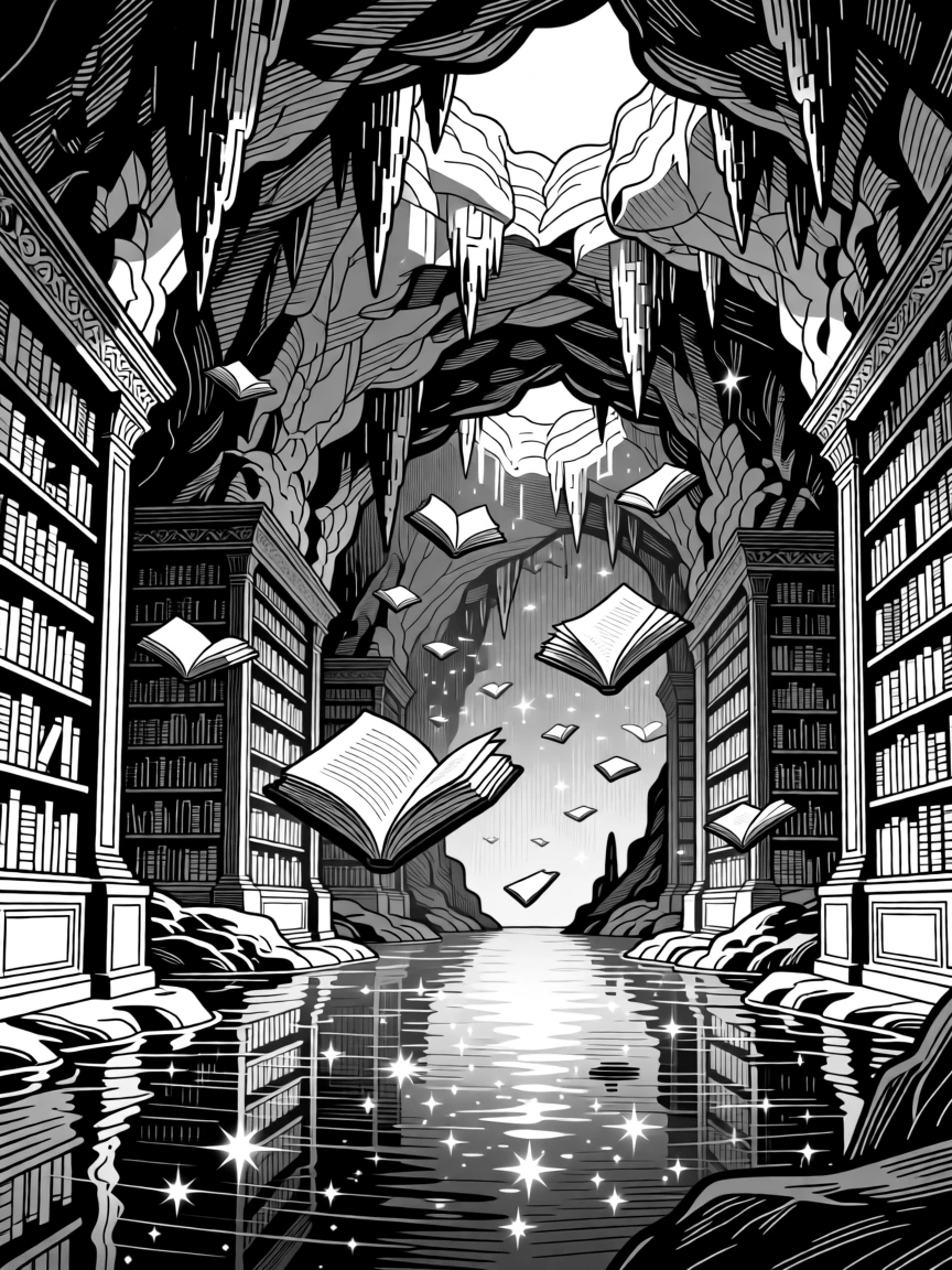 A library filled with floating books deep within a glowing underground cavern, with reflections of starlight scattered across water, forming a hauntingly beautiful fantasy scene.