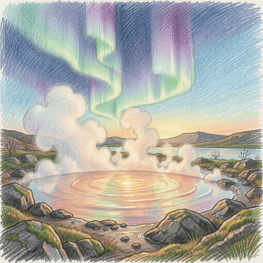 An Icelandic geothermal hot spring steaming beneath the northern lights, bathed in the warm glow of golden-hour light, designed to feel inviting, memorable, and shareable.
