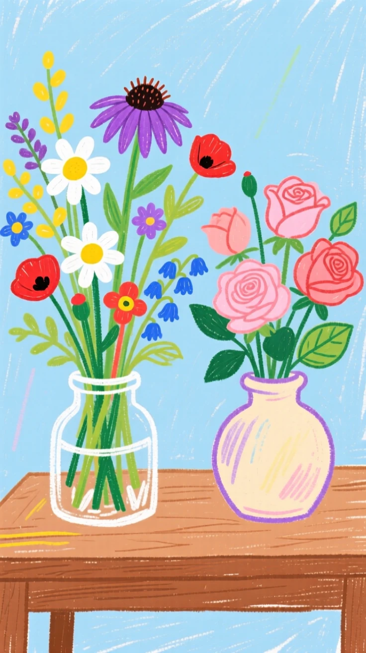 A vase of wildflowers arranged neatly beside a vase of garden roses.