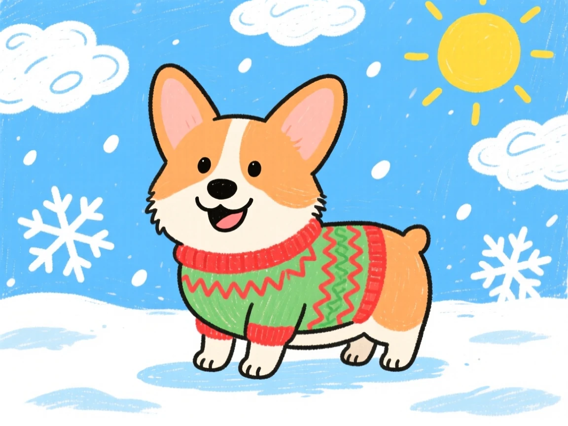 A friendly corgi wearing a tiny knitted sweater on a cold morning.