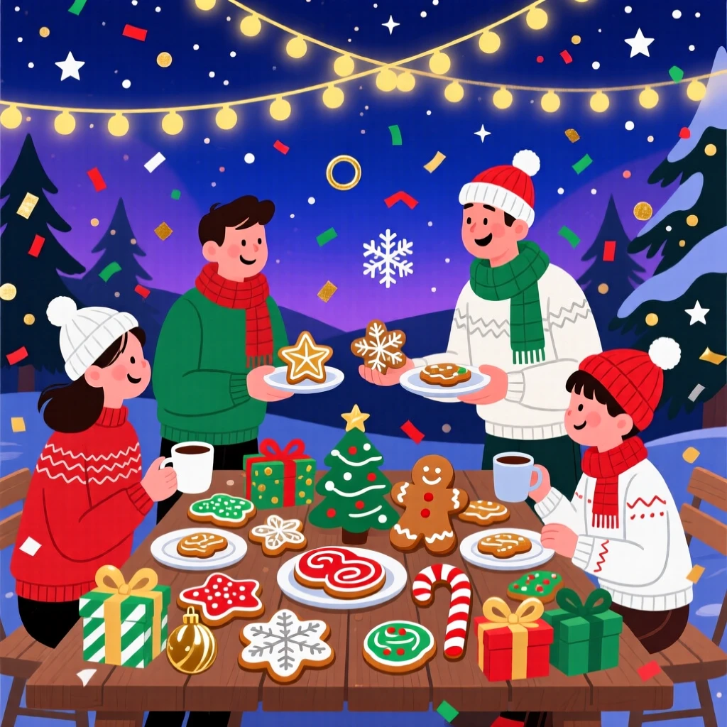 A festive holiday cookie exchange party with decorated treats, set beneath a glowing night sky filled with celebration, arranged with confetti or lights adding sparkle to the scene, with a joyful sense of togetherness and celebration.