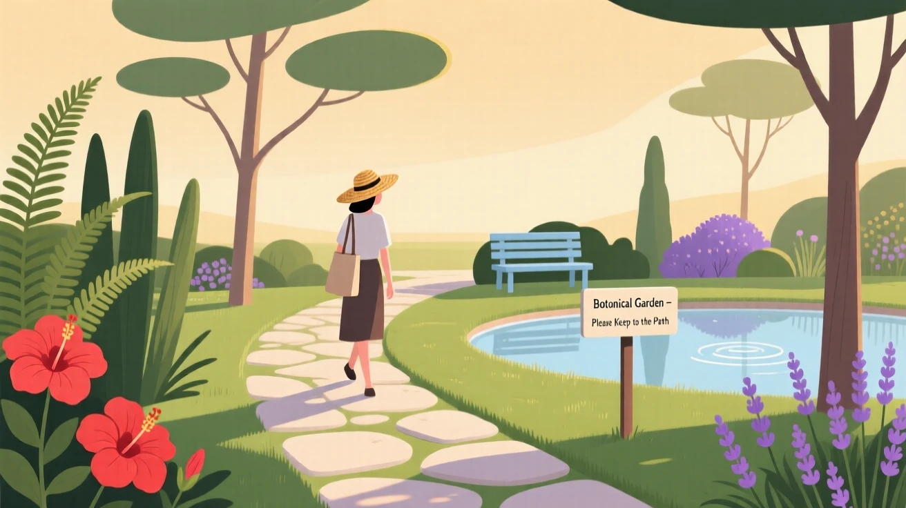 A summer scene of a quiet morning walk in a botanical garden.