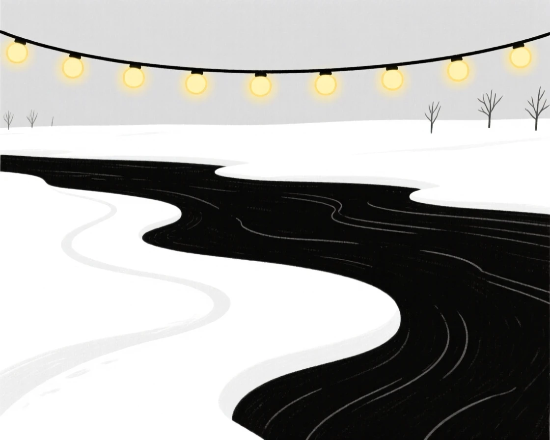 A blanket of fresh snow covering a riverside path as a string of holiday lights appears in the distance, full of nostalgic comfort.