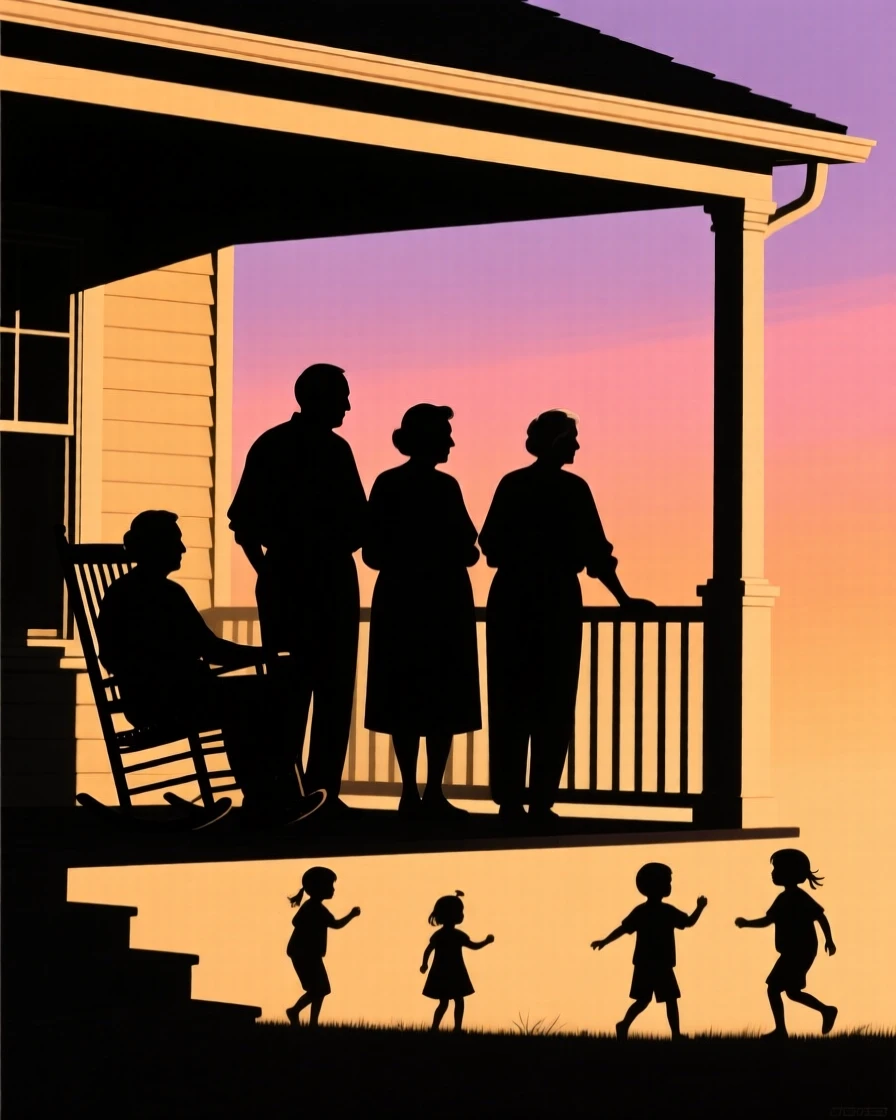 A group of grandparents watching their grandchildren play from a shaded porch.