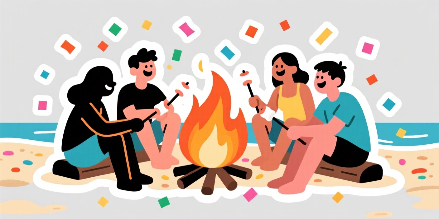 A festive and joyful summer beach bonfire with friends roasting marshmallows, surrounded by falling confetti, as the whole neighborhood celebrates together.
