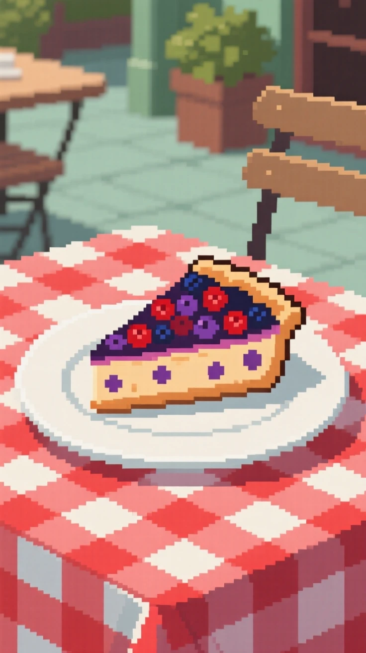 A slice of berry pie arranged neatly on a checkered tablecloth, at an outdoor café table.