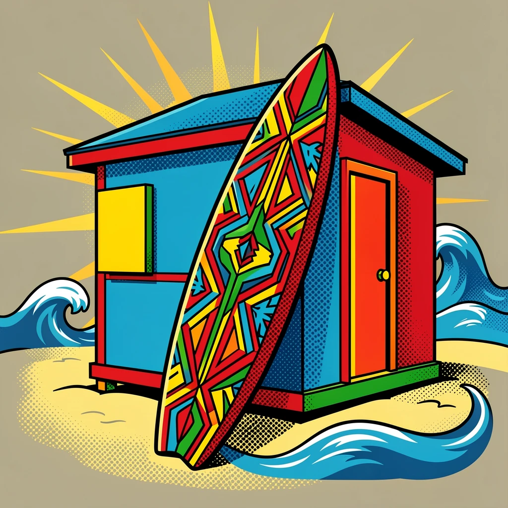 An elaborate surfboard leaning against a beach shack